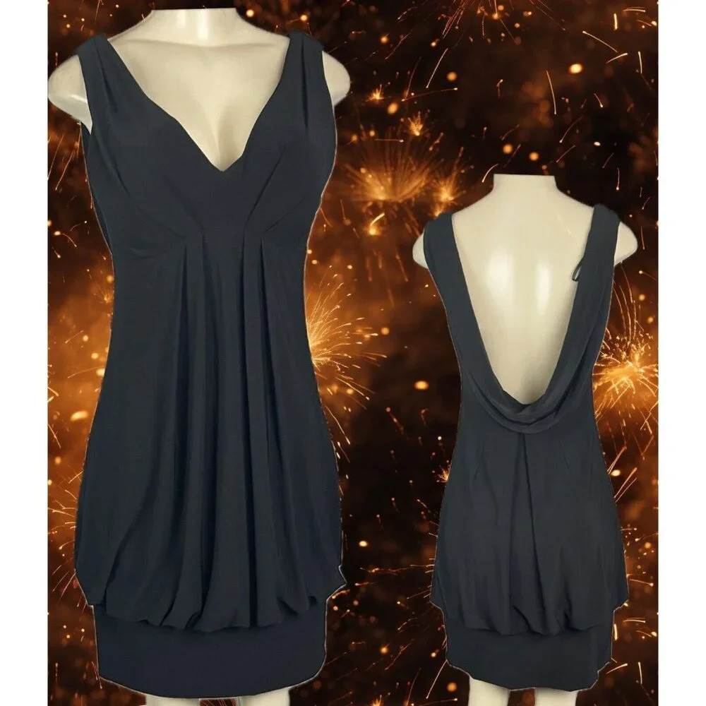 Dressbarn 8 Black Lined V-Neckline Draped Open Back Sleeveless Cocktail Dress